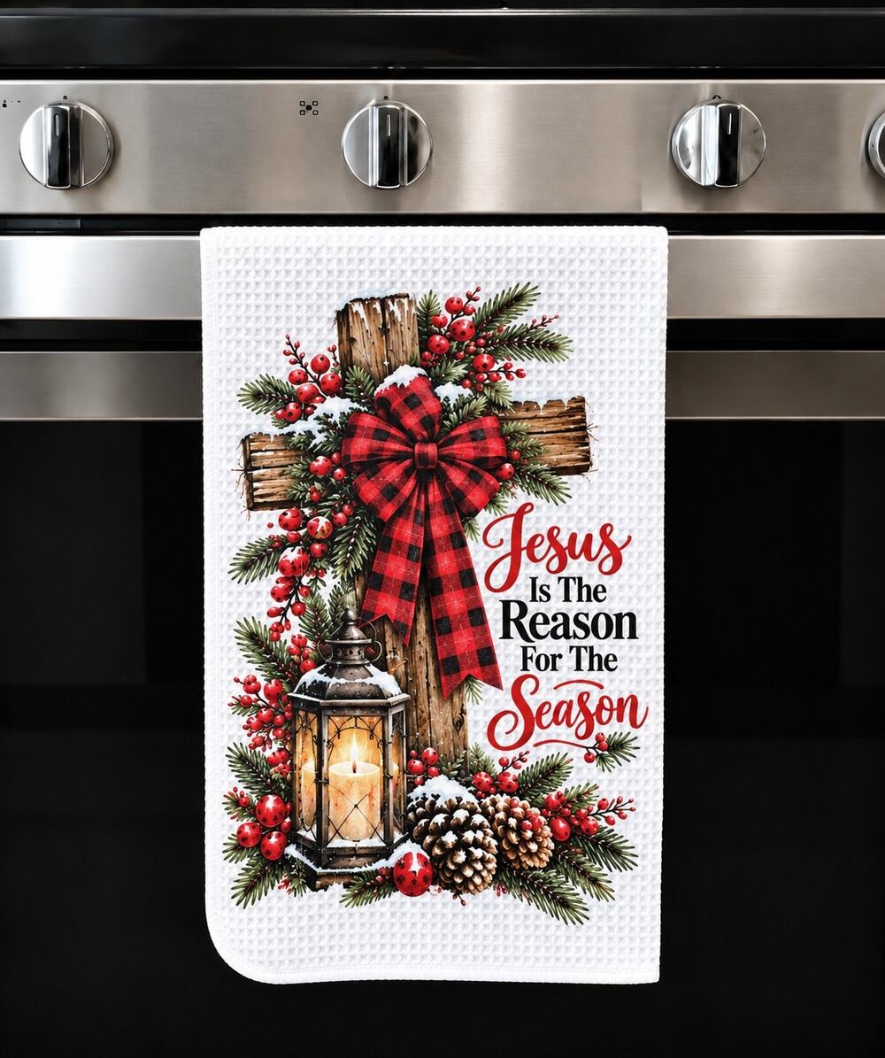 Jesus Is the Reason Christmas Cross Rustic Farmhouse Kitchen Towel